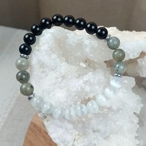 Natural Stone Grounding Protection Bracelet, Black Tourmaline, Labradorite